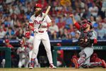 May 12, 2025; Philadelphia, Pennsylvania, USA; Philadelphia Phillies outfielder Brandon Marsh (16) reacts after striking out against the St. Louis Cardinals in the ninth inning at Citizens Bank Park. Mandatory Credit: Kyle Ross-Imagn Images