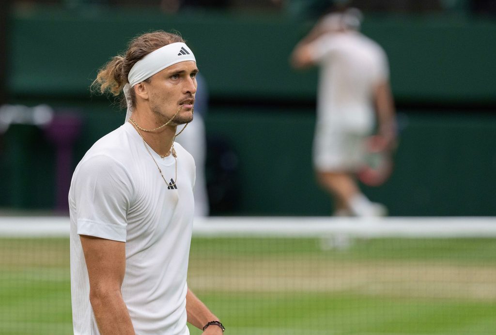 Jul 8, 2024; London, United Kingdom; Alexander Zverev of Germany during his match against Taylor Fritz of the United States on day eight of The Championships at All England Lawn Tennis and Croquet Club. Mandatory Credit: Susan Mullane-Imagn Images