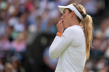 Jul 11, 2024; London, United Kingdom; Donna Vekic of Croatia reacts to a point during her match against Jasmine Paolini of Italy (not shown) on day 11 at All England Lawn Tennis and Croquet Club. Mandatory Credit: Susan Mullane-Imagn Images