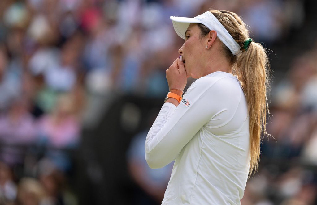 Jul 11, 2024; London, United Kingdom; Donna Vekic of Croatia reacts to a point during her match against Jasmine Paolini of Italy (not shown) on day 11 at All England Lawn Tennis and Croquet Club. Mandatory Credit: Susan Mullane-Imagn Images