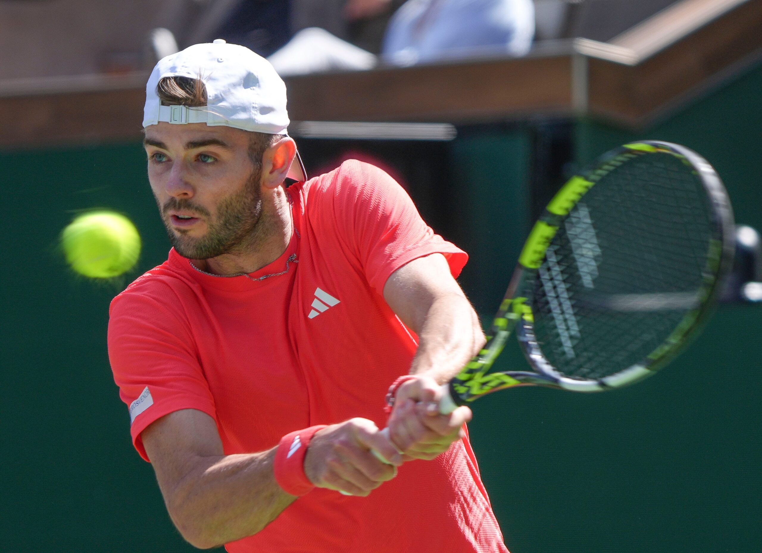 Jacob Fearnley hits a shot during his loss to Joao Fonseca at the BNP Paribas Open in Indian Wells, Calif., March 6, 2025.