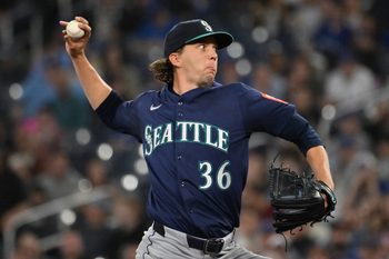 Apr 19, 2025; Toronto, Ontario, CAN;  Seattle Mariners starting pitcher Logan Gilbert (36) delivers a pitch against the Toronto Blue Jays in the first inning at Rogers Centre. Mandatory Credit: Dan Hamilton-Imagn Images