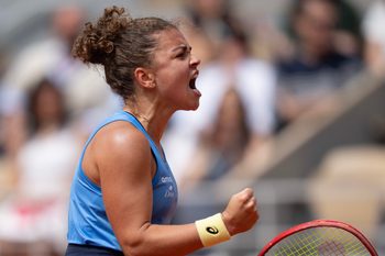 Jun 1, 2025; Paris, FR; Jasmine Paolini of Italy reacts to a point during her match against Elina Svitolina of Ukraine on day eight at Roland Garros Stadium. Mandatory Credit: Susan Mullane-Imagn Images