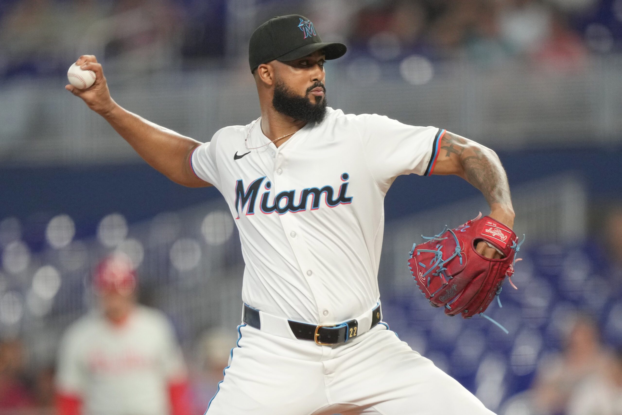 Jun 16, 2025; Miami, Florida, USA;  Miami Marlins pitcher Sandy Alcantara (22) pitches in the first inning against the Philadelphia Phillies at loanDepot Park. Mandatory Credit: Jim Rassol-Imagn Images