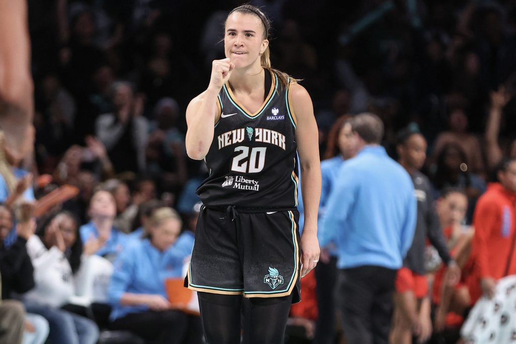 Jun 17, 2025; Brooklyn, New York, USA; New York Liberty guard Sabrina Ionescu (20) gestures after scoring in the fourth quarter against the Atlanta Dream at Barclays Center. Mandatory Credit: Wendell Cruz-Imagn Images