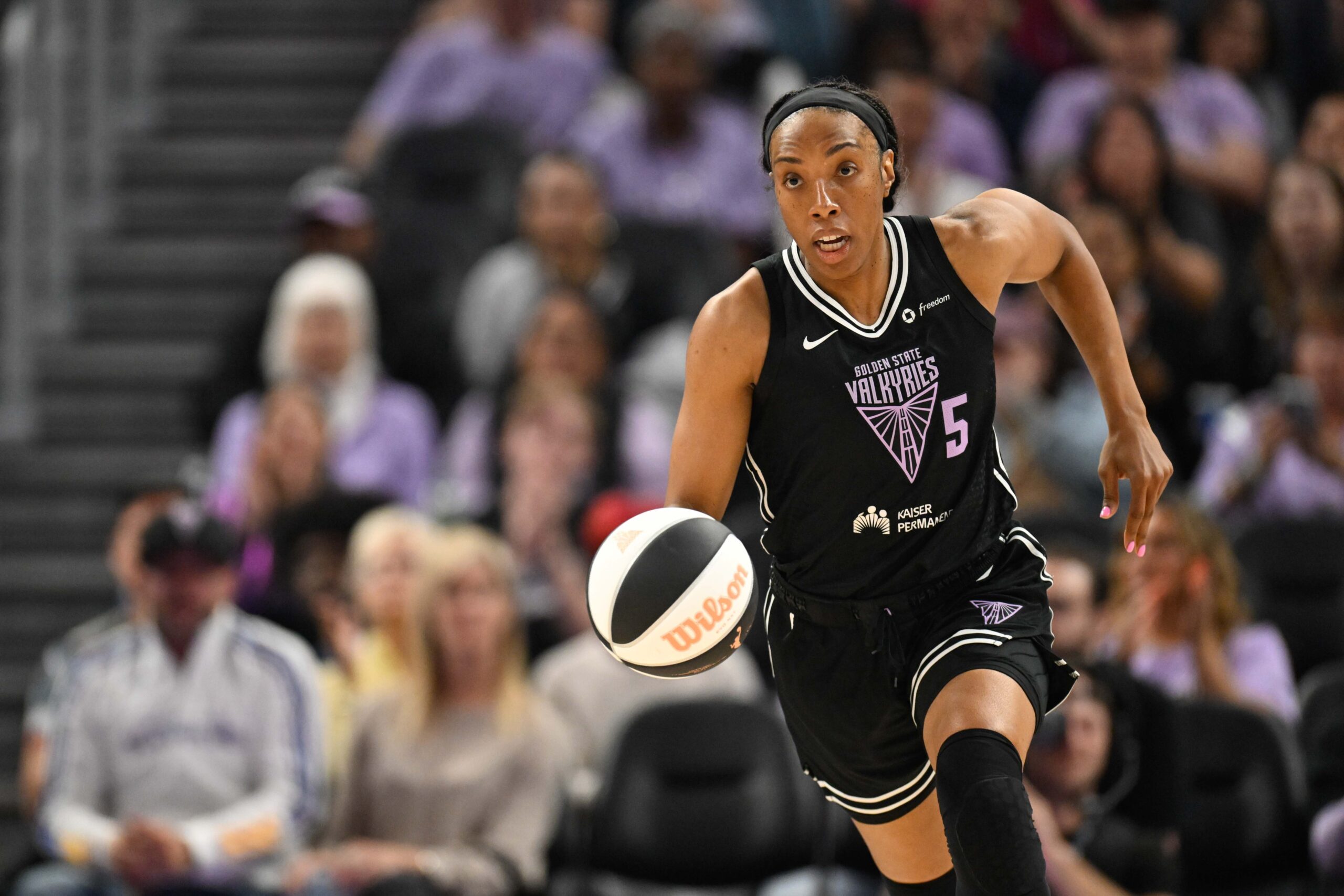 Jun 14, 2025; San Francisco, California, USA; Golden State Valkyries forward Kayla Thornton (5) dribbles against the Seattle Storm in the second quarter at Chase Center. Mandatory Credit: Eakin Howard-Imagn Images