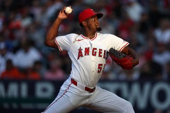Jun 21, 2025; Anaheim, California, USA; Los Angeles Angels starting pitcher Jose Soriano (59) pitches during the third inning against the Houston Astros at Angel Stadium. Mandatory Credit: Kiyoshi Mio-Imagn Images
