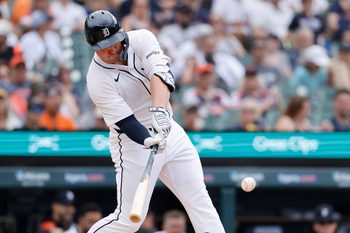 Jun 26, 2025; Detroit, Michigan, USA;  Detroit Tigers first base Spencer Torkelson (20) hits a home run in the first inning against the Athletics at Comerica Park. Mandatory Credit: Rick Osentoski-Imagn Images