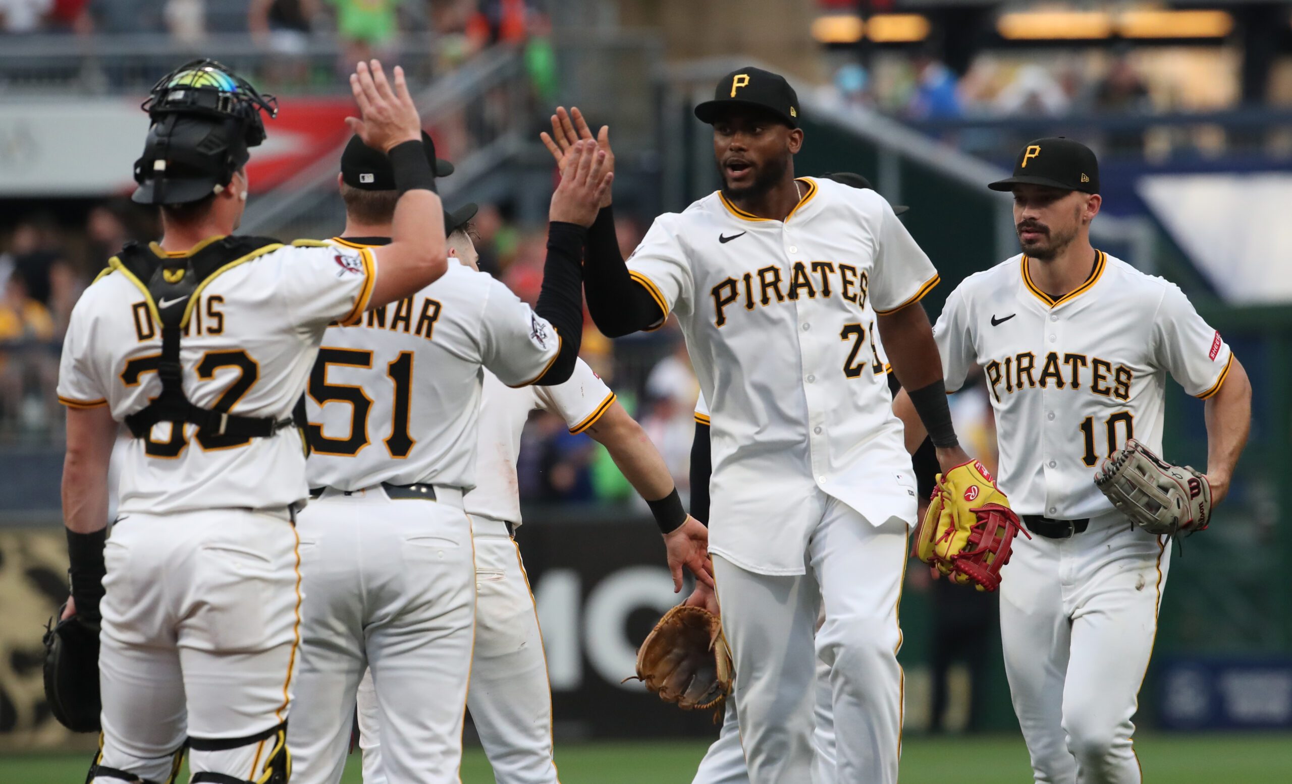 Jun 28, 2025; Pittsburgh, Pennsylvania, USA; The Pittsburgh Pirates celebrate after defeating the New York Mets at PNC Park. Mandatory Credit: Charles LeClaire-Imagn Images