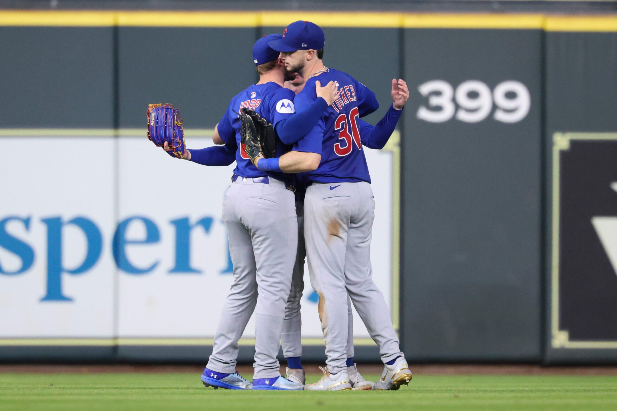Jun 28, 2025; Houston, Texas, USA; Chicago Cubs right fielder Kyle Tucker (30) celebrates with teammates after the game against the Houston Astros at Daikin Park. Mandatory Credit: Troy Taormina-Imagn Images