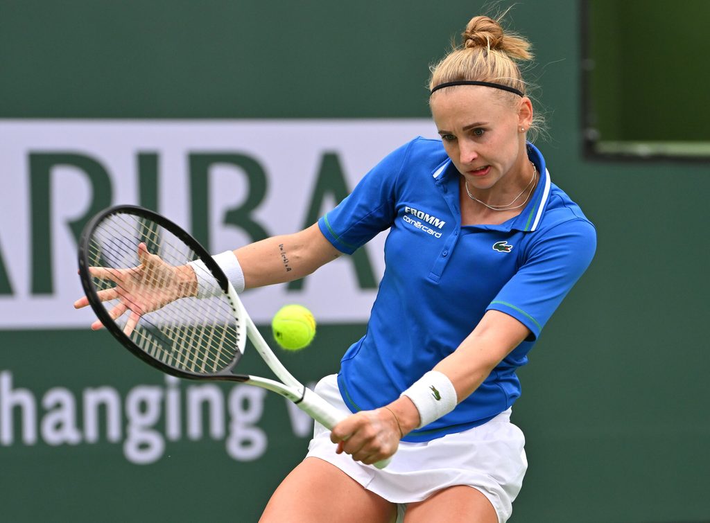 Mar 10, 2023; Indian Wells, CA, USA; Jil Teichmann (SUI) during her second round match as she defeated Belinda Bencic (not pictured) during the BNP Paribas Open at the Indian Wells Tennis Garden. Mandatory Credit: Jayne Kamin-Oncea-Imagn Images