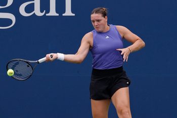 Aug 30, 2024; Flushing, NY, USA; Jule Niemeier (GER) hits a forehand against Qinwen Zheng (CHN)(not pictured) in a women's singles match on day five of the 2024 U.S. Open tennis tournament at Billie Jean King USTA National Tennis Center. Mandatory Credit: Geoff Burke-Imagn Images