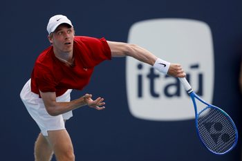 Mar 24, 2025; Miami, FL, USA; Denis Shapovalov (CAN) serves against Taylor Fritz (USA)(not pictured) on day seven of the Miami Open at Hard Rock Stadium. Mandatory Credit: Geoff Burke-Imagn Images