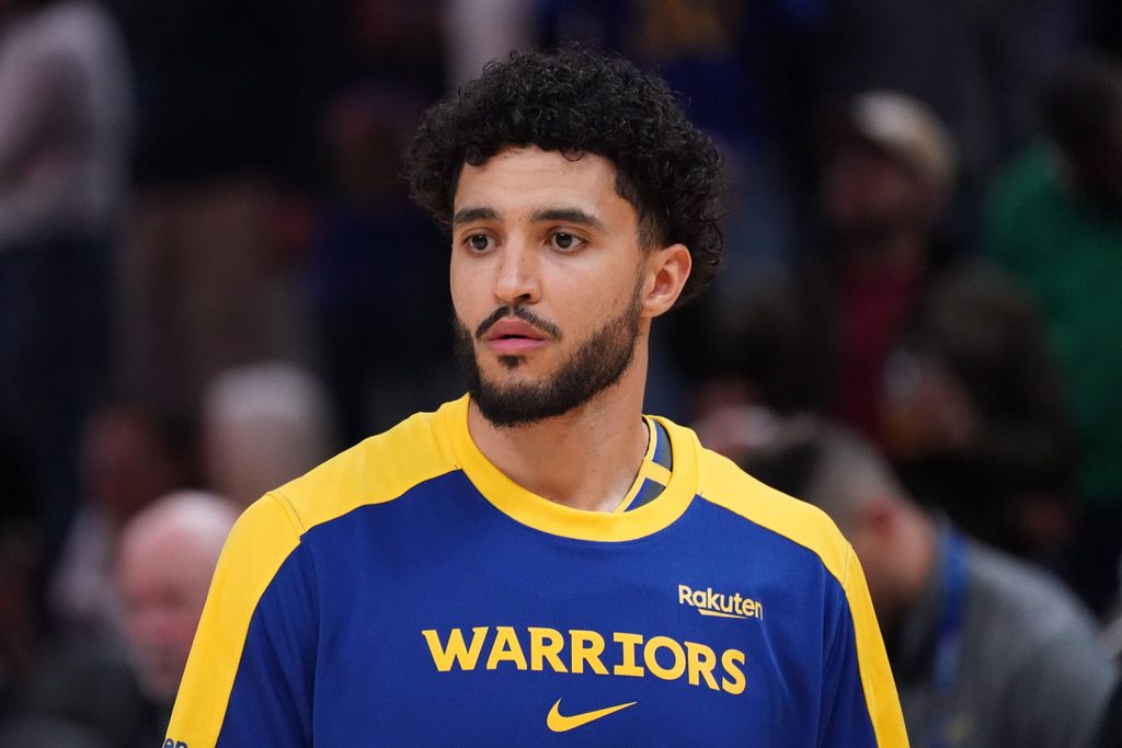 Apr 9, 2025; San Francisco, California, USA; Golden State Warriors forward Jackson Rowe (44) warms up before the game against the San Antonio Spurs at Chase Center. Mandatory Credit: David Gonzales-Imagn Images