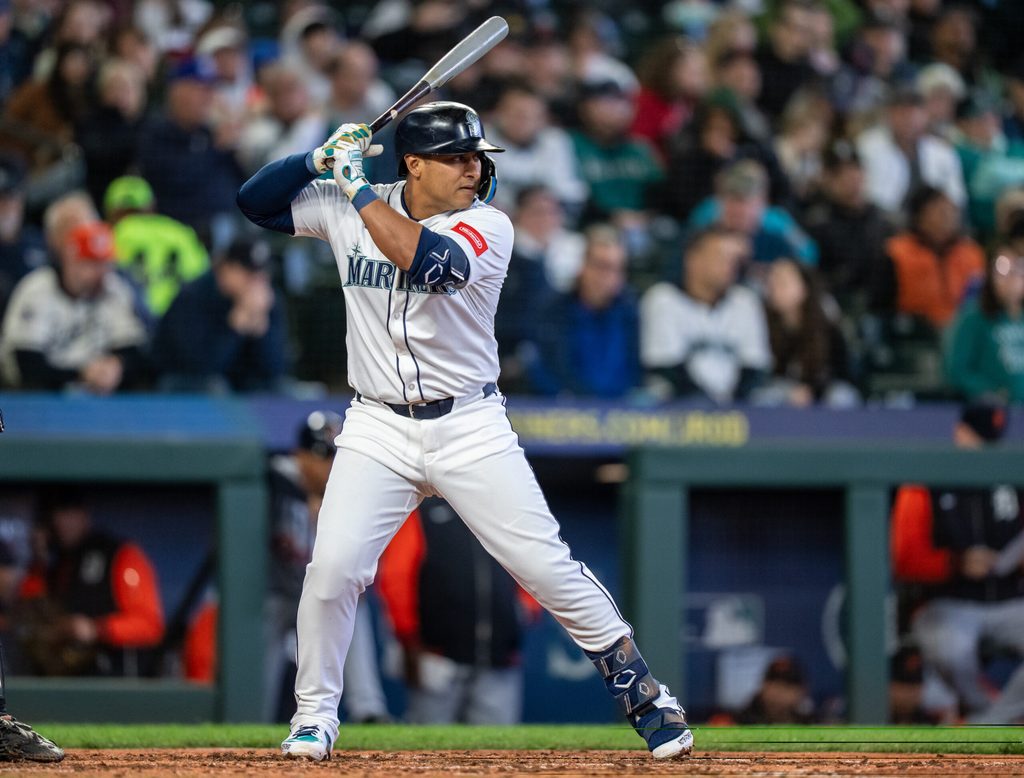 Apr 2, 2025; Seattle, Washington, USA;  Seattle Mariners first baseman Donovan Solano (39) waits for a pitch during an at-bat against the Detroit Tigers at T-Mobile Park. Mandatory Credit: Stephen Brashear-Imagn Images