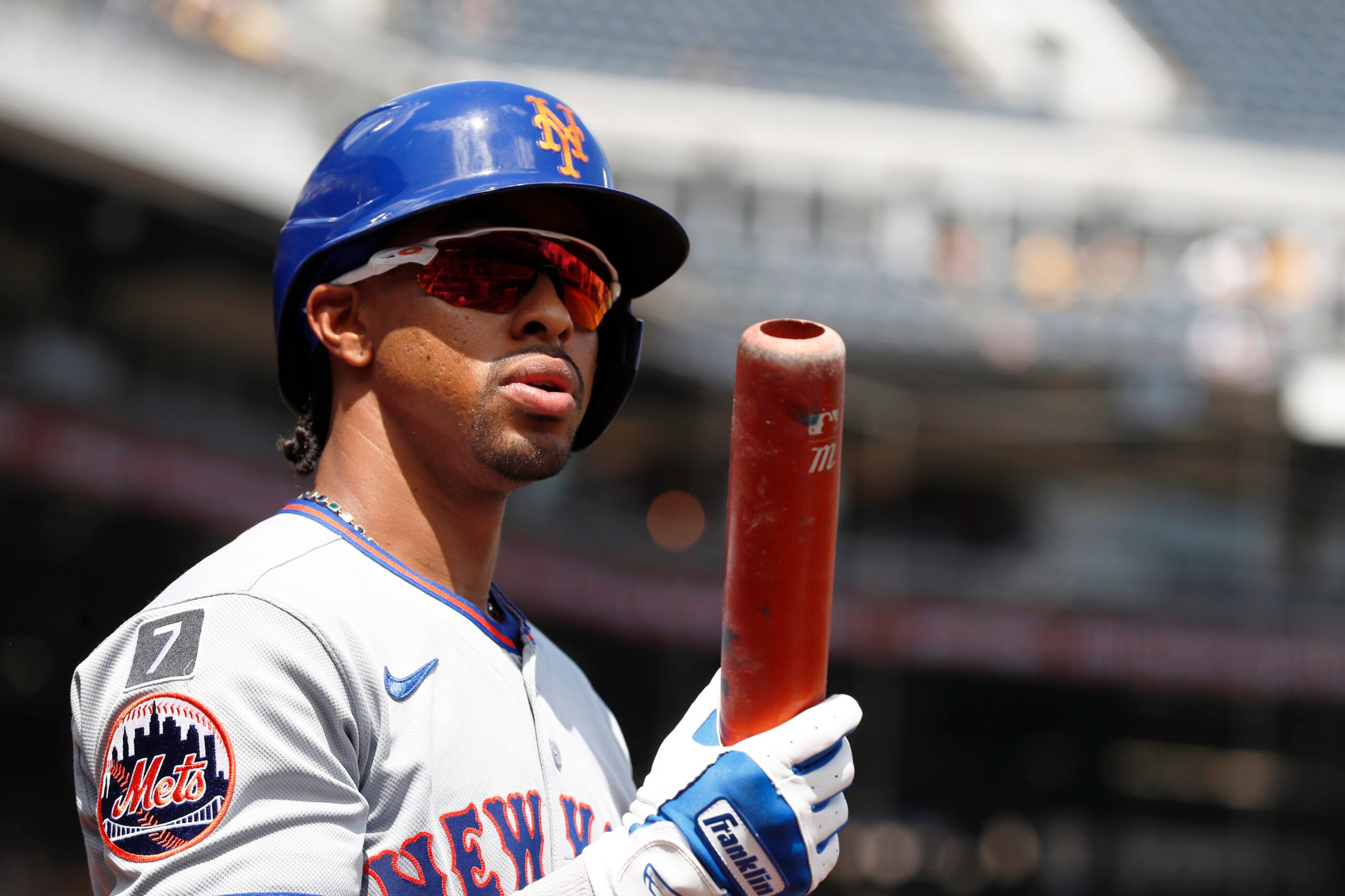 Jun 29, 2025; Pittsburgh, Pennsylvania, USA;  New York Mets shortstop Francisco Lindor (12) in the on-deck circle against the Pittsburgh Pirates during the fifth inning at PNC Park. Mandatory Credit: Charles LeClaire-Imagn Images