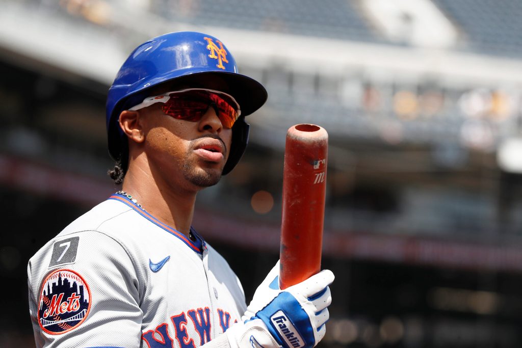 Jun 29, 2025; Pittsburgh, Pennsylvania, USA;  New York Mets shortstop Francisco Lindor (12) in the on-deck circle against the Pittsburgh Pirates during the fifth inning at PNC Park. Mandatory Credit: Charles LeClaire-Imagn Images