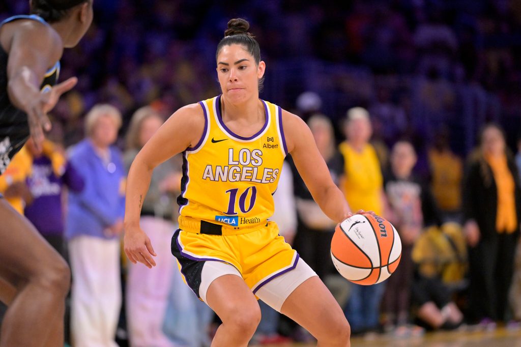 Jun 29, 2025; Los Angeles, California, USA; Los Angeles Sparks guard Kelsey Plum (10) handles the ball in the first half against the Chicago Sky at Crypto.com Arena. Mandatory Credit: Jayne Kamin-Oncea-Imagn Images