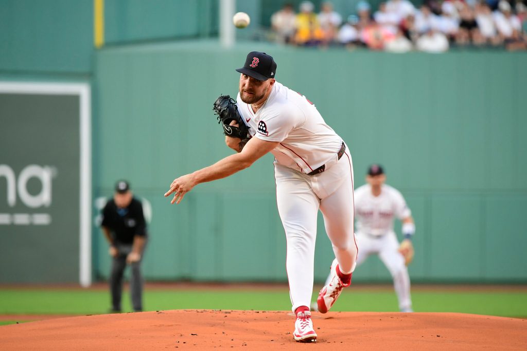 Jun 30, 2025; Boston, Massachusetts, USA;  Boston Red Sox starting pitcher Garrett Crochet (35) pitches during the first against the Cincinnati Reds at Fenway Park. Mandatory Credit: Bob DeChiara-Imagn Images