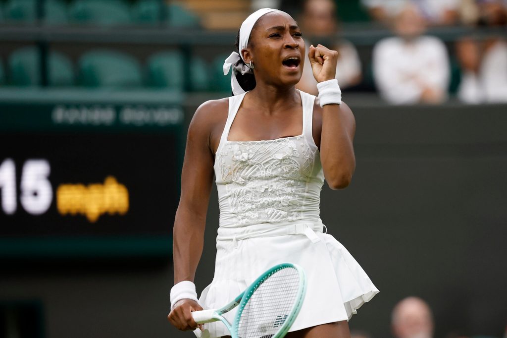 Jul 1, 2025; Wimbledon United Kingdom; Coco Gauff (USA) reacts after winning a point against Dayana Yastremska (UKR)(not pictured) on day 2 of The Championships, Wimbledon 2025 at All England Lawn Tennis and Croquet Club. Mandatory Credit: Geoff Burke-Imagn Images