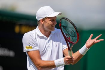 Jul 2, 2025; Wimbledon, United Kingdom; Jenson Brooksby of the United States reacts to a point during his match against Joao Fonseca of Brazil on day three at the All England Lawn Tennis and Croquet Club. Mandatory Credit: Susan Mullane-Imagn Images