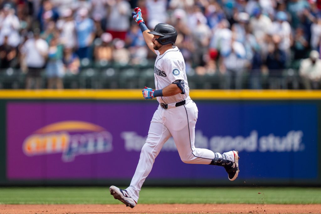 Jul 4, 2025; Seattle, Washington, USA; Seattle Mariners designated hitter Cal Raleigh (29) rounds the bases after hitting a solo home run during the first inning against the Pittsburgh Pirates at T-Mobile Park. Mandatory Credit: Stephen Brashear-Imagn Images