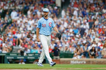 Jul 4, 2025; Chicago, Illinois, USA; Chicago Cubs starting pitcher Colin Rea (53) walks back to the dugout after pitching against the St. Louis Cardinals during the first inning at Wrigley Field. Mandatory Credit: Kamil Krzaczynski-Imagn Images