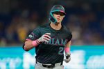 Jul 5, 2025; Miami, Florida, USA; Miami Marlins left fielder Kyle Stowers (28) circles the bases after hitting a solo home run against the Milwaukee Brewers during the second inning at loanDepot Park. Mandatory Credit: Sam Navarro-Imagn Images