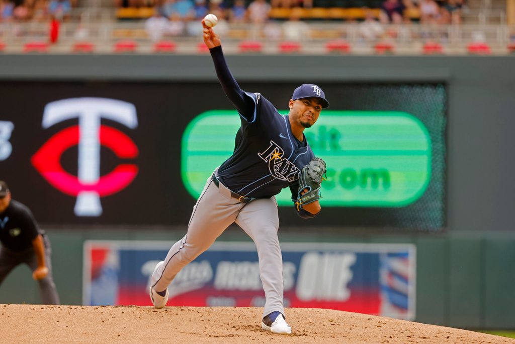 Jul 5, 2025; Minneapolis, Minnesota, USA; Tampa Bay Rays starting pitcher Taj Bradley (45) throws to the Minnesota Twins in the first inning at Target Field. Mandatory Credit: Bruce Kluckhohn-Imagn Images