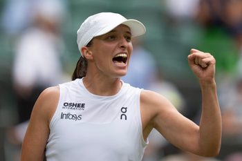 Jul 9, 2025; Wimbledon, United Kingdom; Iga Swiatek of Poland celebrates winning her match against Liudmila Samsonova on day 10 at All England Lawn Tennis and Croquet Club. Mandatory Credit: Susan Mullane-Imagn Images
