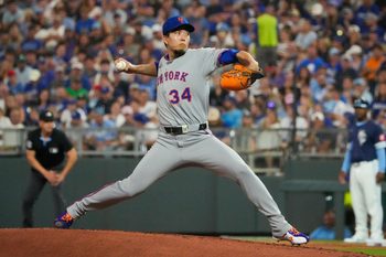 Jul 11, 2025; Kansas City, Missouri, USA; New York Mets starting pitcher Kodai Senga (34) delivers a pitch against the Kansas City Royals during the first inning at Kauffman Stadium. Mandatory Credit: Denny Medley-Imagn Images