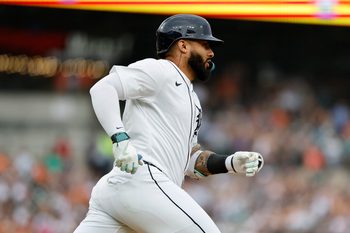 Jul 12, 2025; Detroit, Michigan, USA; Detroit Tigers second baseman Gleyber Torres (25) runs to first after he hits a double in the first inning against the Seattle Mariners at Comerica Park. Mandatory Credit: Rick Osentoski-Imagn Images