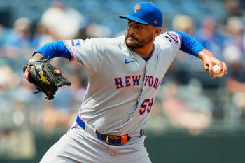 Jul 13, 2025; Kansas City, Missouri, USA; New York Mets starting pitcher Sean Manaea (59) pitches during the sixth inning against the Kansas City Royals at Kauffman Stadium. Mandatory Credit: Jay Biggerstaff-Imagn Images