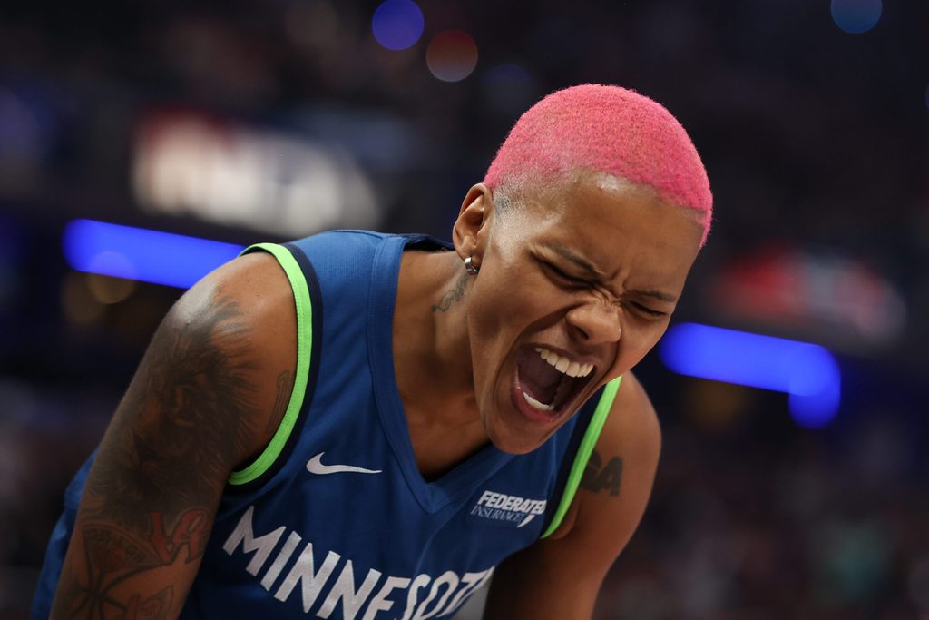 Jul 18, 2025; Indianapolis, IN, USA; Minnesota Lynx guard Courtney Williams reacts during the 2025 WNBA All Star Skills Challenge at Gainbridge Fieldhouse. Mandatory Credit: Trevor Ruszkowski-Imagn Images