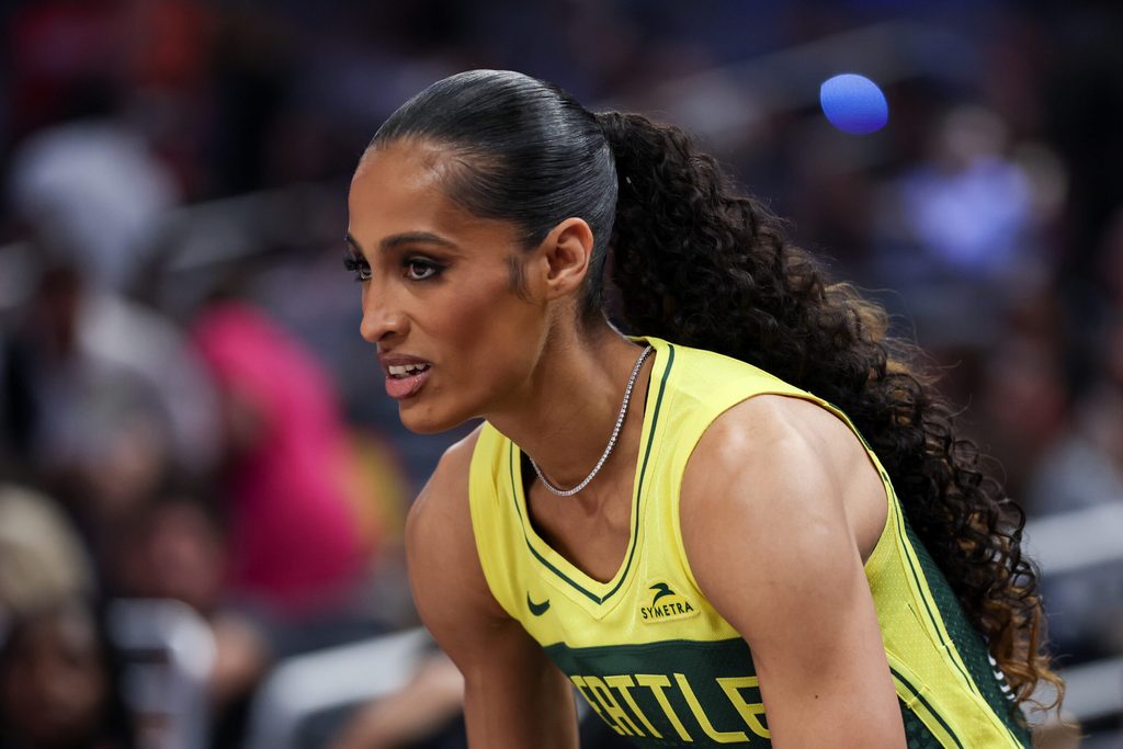 Jul 18, 2025; Indianapolis, IN, USA; Seattle Storm guard Skylar Diggins reacts during the 2025 WNBA All Star Skills Challenge at Gainbridge Fieldhouse. Mandatory Credit: Trevor Ruszkowski-Imagn Images