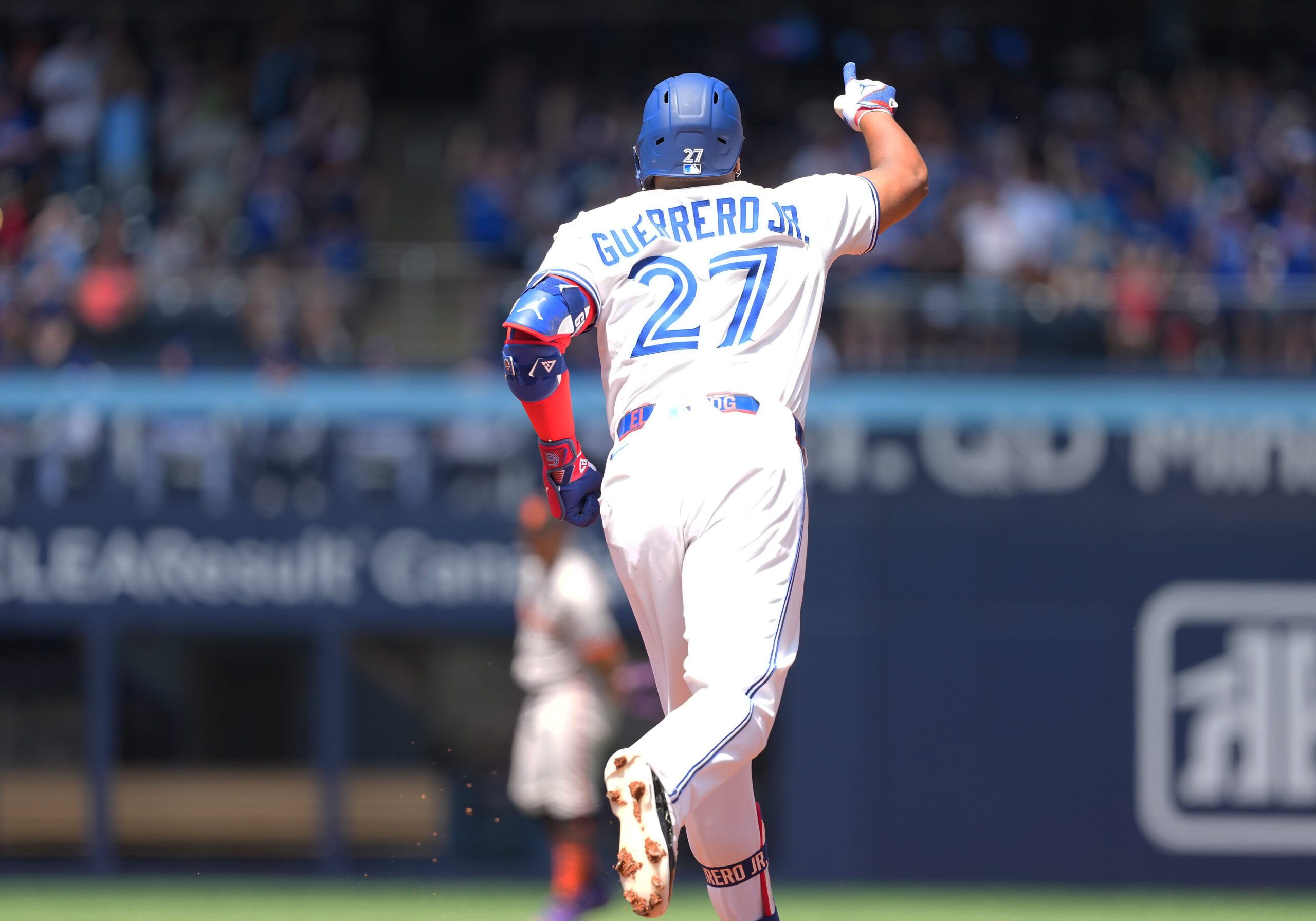 Jul 20, 2025; Toronto, Ontario, CAN; Toronto Blue Jays first base Vladimir Guerrero Jr. (27) runs the bases after hitting a home run against the San Francisco Giants during the first inning at Rogers Centre. Mandatory Credit: Nick Turchiaro-Imagn Images