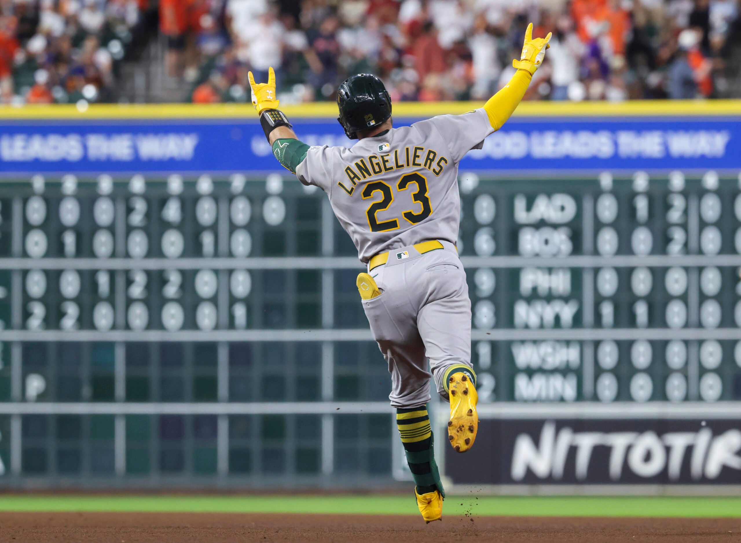 Jul 25, 2025; Houston, Texas, USA;  Athletics catcher Shea Langeliers (23) rounds the bases after hitting a home run during the fourth inning against the Houston Astros at Daikin Park. Mandatory Credit: Troy Taormina-Imagn Images