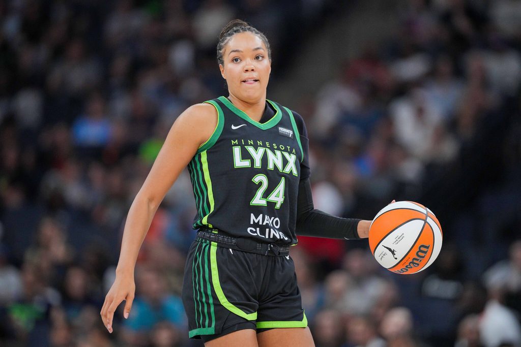 Jul 25, 2025; Minneapolis, Minnesota, USA; Minnesota Lynx forward Napheesa Collier (24) dribbles against the Las Vegas Aces in the third quarter at Target Center. Mandatory Credit: Brad Rempel-Imagn Images