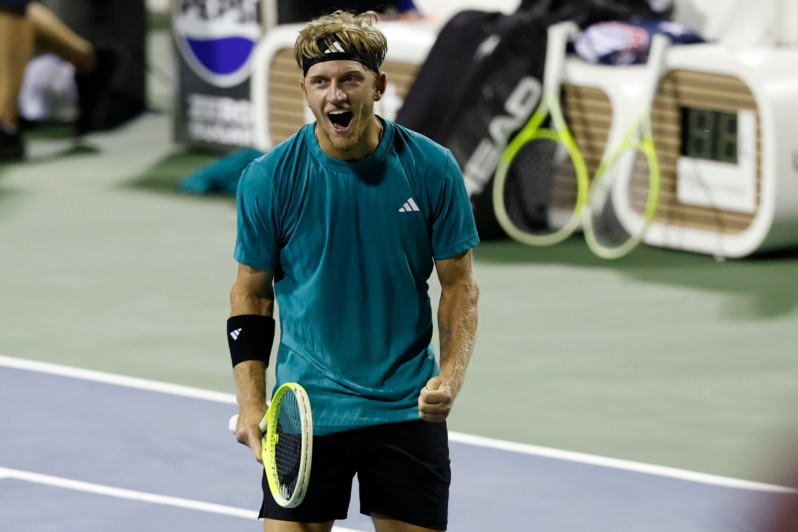 Jul 26, 2025; Washington, D.C., USA; Alejandro Davidovich Fokina (ESP) celebrates after match point against Ben Shelton (USA)(not pictured) in a men's singles semi-final on day six of the Mubadala Citi DC Open at Rock Creek Park Tennis Center. Mandatory Credit: Geoff Burke-Imagn Images