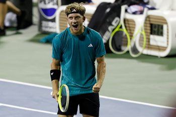 Jul 26, 2025; Washington, D.C., USA; Alejandro Davidovich Fokina (ESP) celebrates after match point against Ben Shelton (USA)(not pictured) in a men's singles semi-final on day six of the Mubadala Citi DC Open at Rock Creek Park Tennis Center. Mandatory Credit: Geoff Burke-Imagn Images