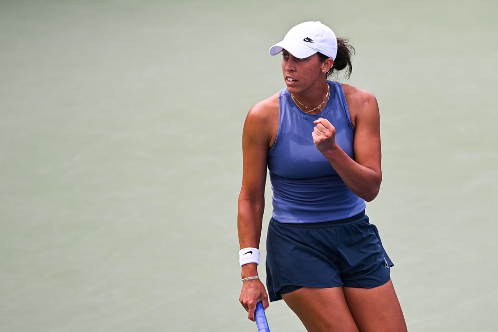 Jul 30, 2025; Montreal, QC, Canada; Madison Keys (USA) reacts after socring a point against Laura Siegemund (GER) in second round play at IGA Stadium. Mandatory Credit: David Kirouac-Imagn Images