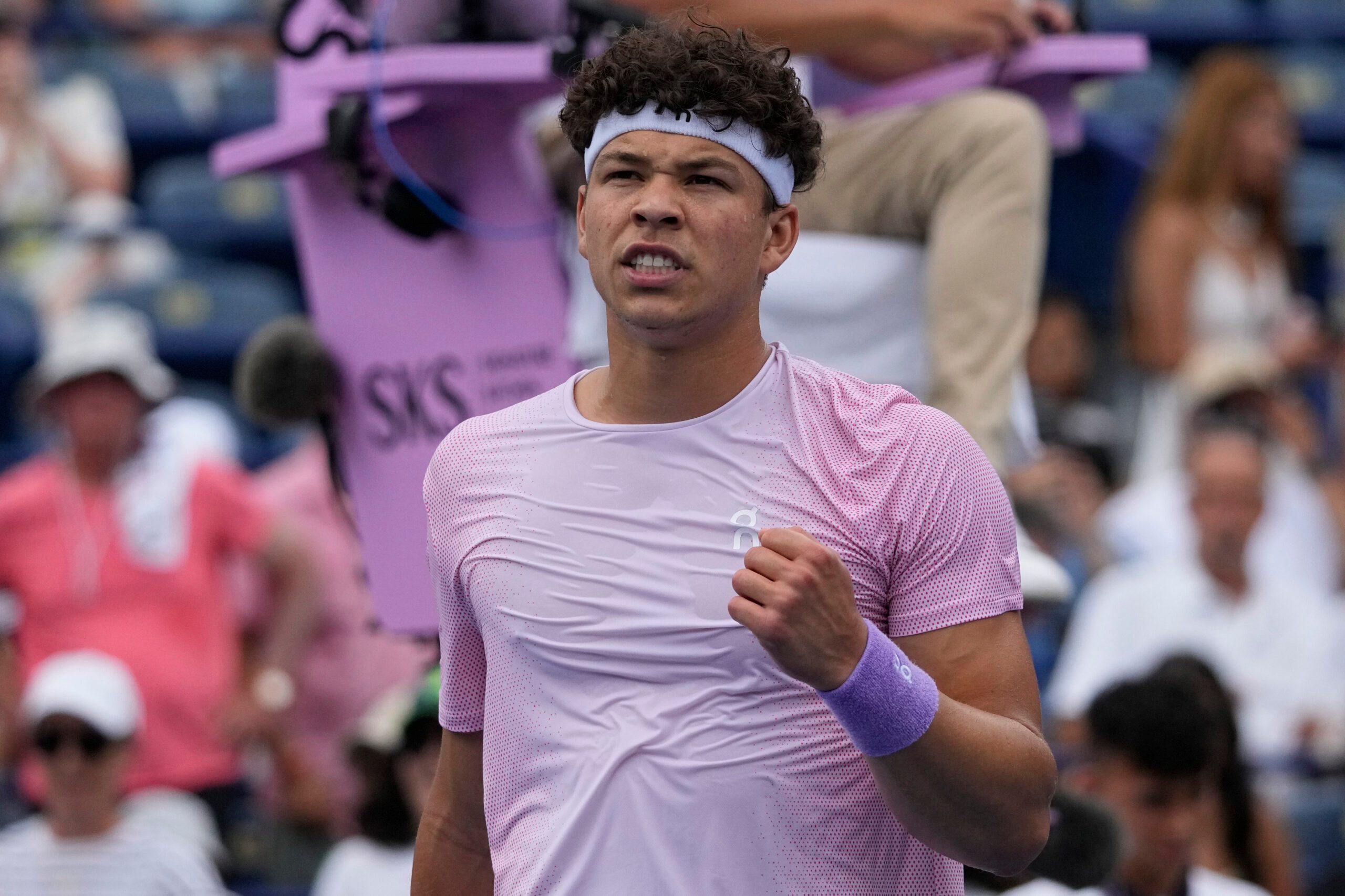 Jul 30, 2025; Toronto, ON, Canada; Ben Shelton (USA) reacts after winning his match against Adrian Mannarino during the second round at Sobeys Stadium. Mandatory Credit: John E. Sokolowski-Imagn Images