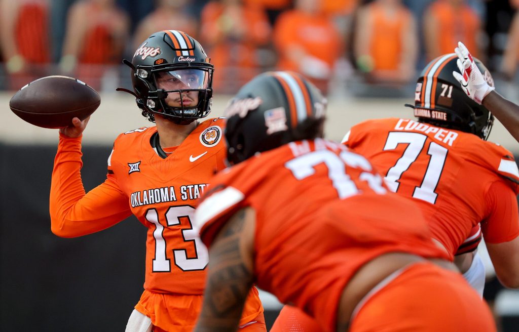 Oklahoma State's Garret Rangel (13) looks to throw the ball in the second half of the college football between the Oklahoma State University Cowboys and the Utah Utes at Boone Pickens Stadium in Stillwater, Okla., Saturday, Sept., 21, 2024.