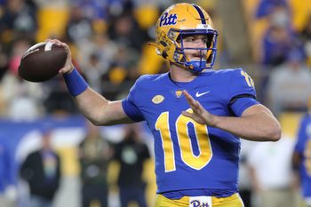 Nov 9, 2024; Pittsburgh, Pennsylvania, USA;  Pittsburgh Panthers quarterback Eli Holstein (10) passes against the Virginia Cavaliers during the first quarter at Acrisure Stadium. Mandatory Credit: Charles LeClaire-Imagn Images
