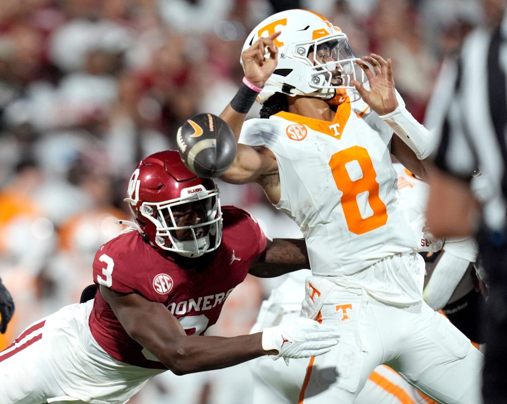 Oklahoma Sooners defense back Robert Spears-Jennings forces Tennessee Volunteers quarterback Nico Iamaleava (8) to fumble during a college football game between the University of Oklahoma Sooners (OU) and the Tennessee Volunteers at Gaylord Family - Oklahoma Memorial Stadium in Norman, Okla., Saturday, Sept. 21, 2024.