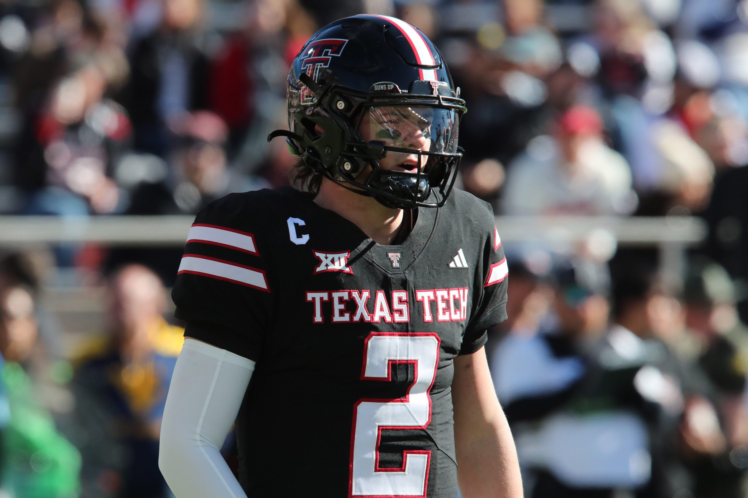 Nov 30, 2024; Lubbock, Texas, USA;  Texas Tech Red Raiders quarterback Behren Morton (2) in the first half during the game against the West Virginia Mountaineers at Jones AT&T Stadium and Cody Campbell Field. Mandatory Credit: Michael C. Johnson-Imagn Images