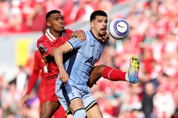 [US, Mexico & Canada customers only] April 27, 2025; Anfield, Liverpool, BRITAIN; Tottenham Hotspur player Dominic Solanke in action with Liverpool player Ryan Gravenberch in a Premier League match. Mandatory Credit: Phil Noble/Reuters via Imagn Images