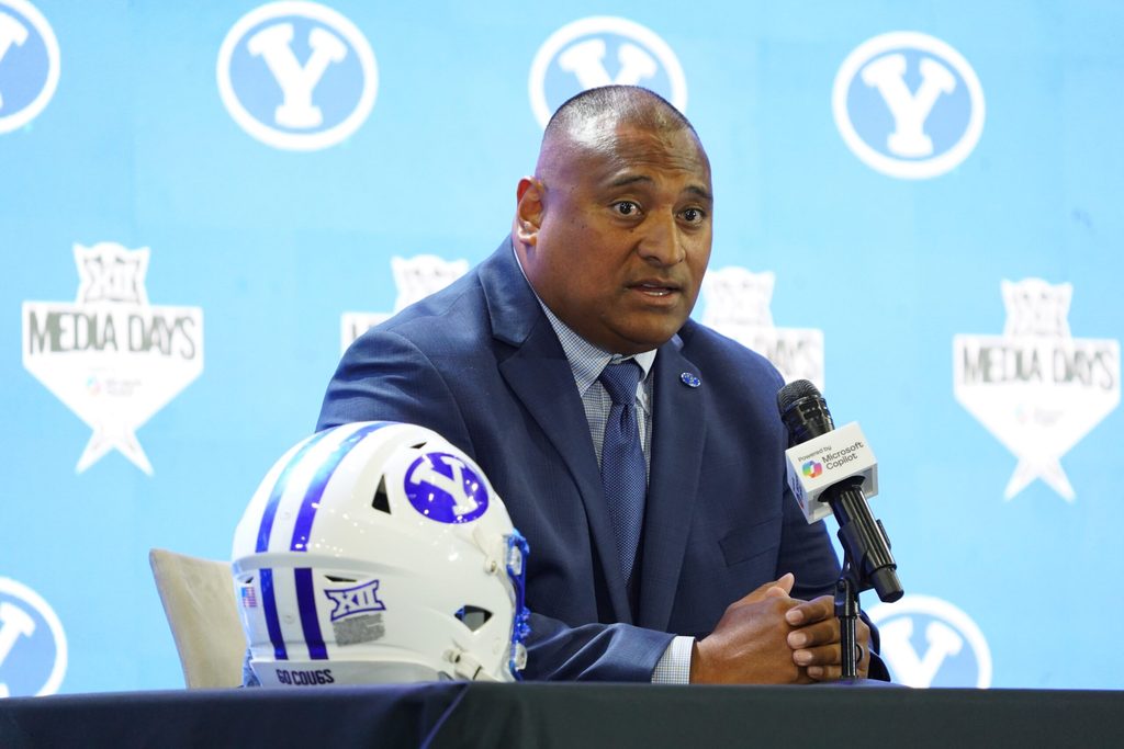 Jul 8, 2025; Frisco, TX, USA; BYU head coach Kalani Sitake addresses the media during 2025 Big 12 Football Media Days at The Star. Mandatory Credit: Raymond Carlin III-Imagn Images