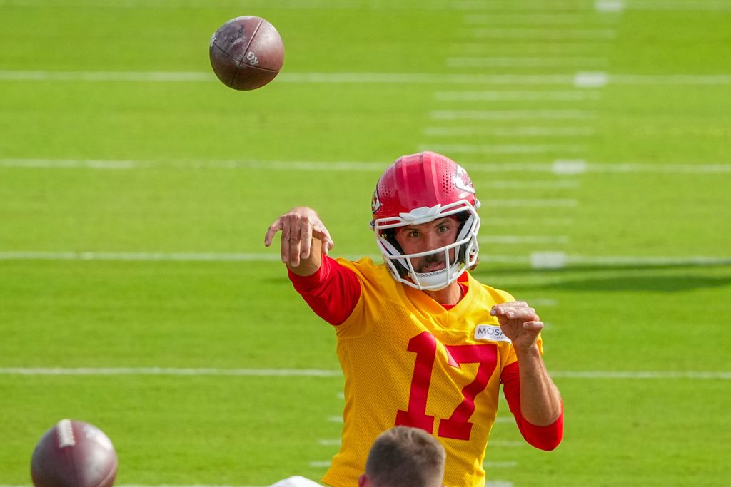 Jul 22, 2025; St. Joseph, MO, USA; Kansas City Chiefs quarterback Gardner Minshew (17) throws a pass during training camp at Missouri Western State University. Mandatory Credit: Denny Medley-Imagn Images