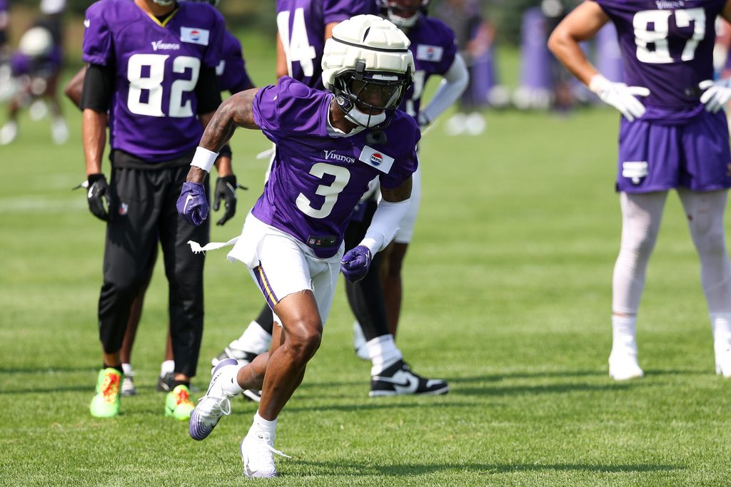 Jul 29, 2025; Eagan, MN, USA; Minnesota Vikings wide receiver Jordan Addison (3) takes part in drills during the teams training camp at the Minnesota Vikings Training Facility. Mandatory Credit: Matt Krohn-Imagn Images